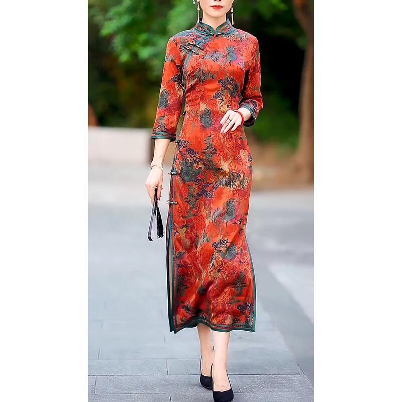 National style retro improved cheongsam dress women's 2021 autumn new middle-aged and elderly mother