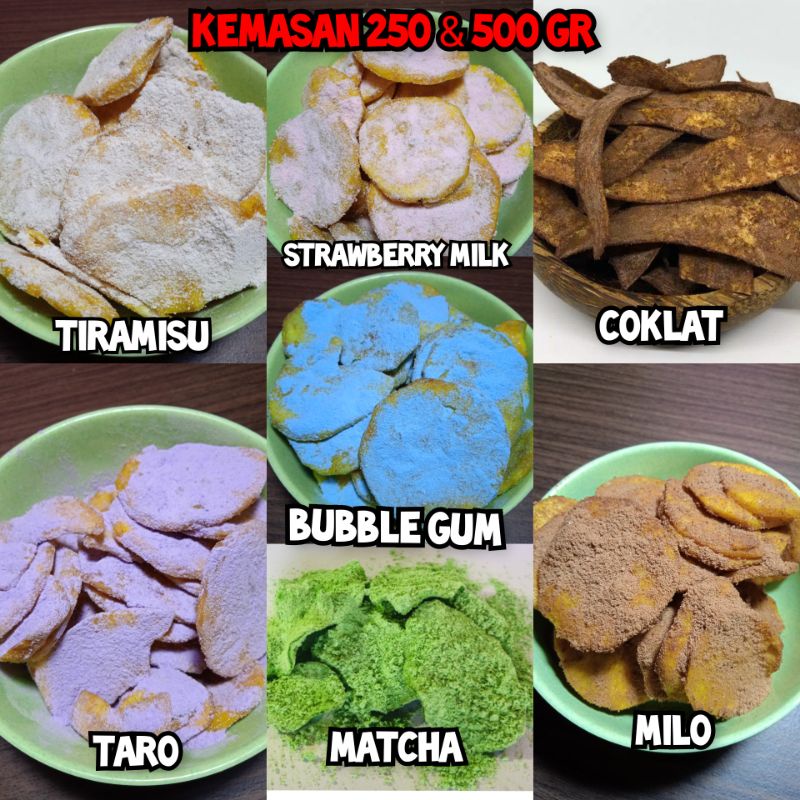 

keripik pisang coklat/keripik pisang matcha/keripik pisang milo 100 , 250, 500 gr
