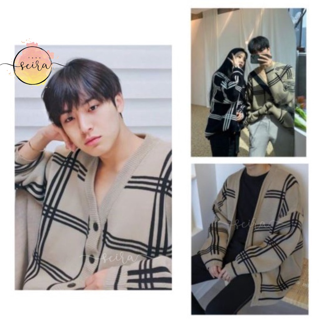 [BISA COD] Cardigan Mingyu Jaehyun Motif Kotak Rajut Premium / Cardigan Wanita / Panjang 70 LD 120