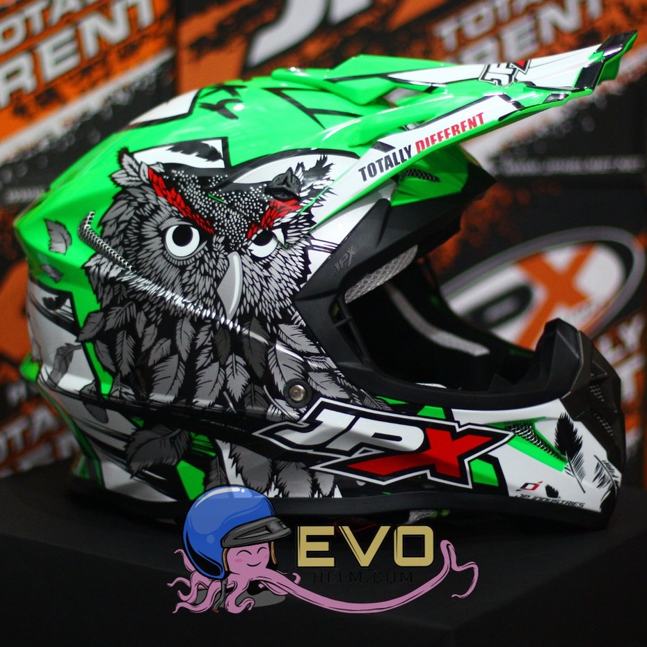 HELM JPX CROSS_FOX1 SERI X13 - FLUO GREEN GLOSS + GOOGLE SNAIL (ONGKIR 2 KG) JPX X13 OWL GREEN ORIGINAL HELM CROSS JPX MOTIF BURUNG HANTU JPX HIJAU