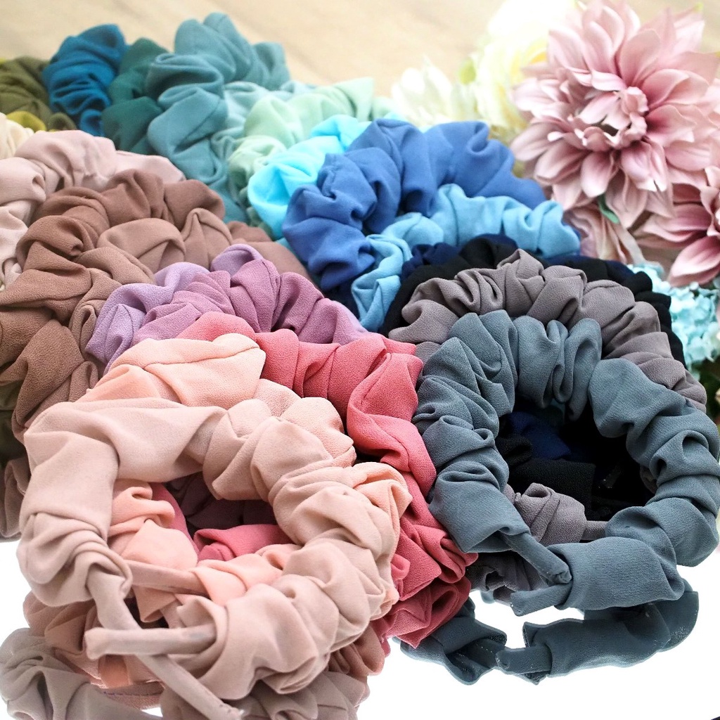 Bando Scrunchie Korea Bando Kerut Ruffle Warna Warni Soft Pastel Headband Scrunchies Aksesoris Rambut Wanita