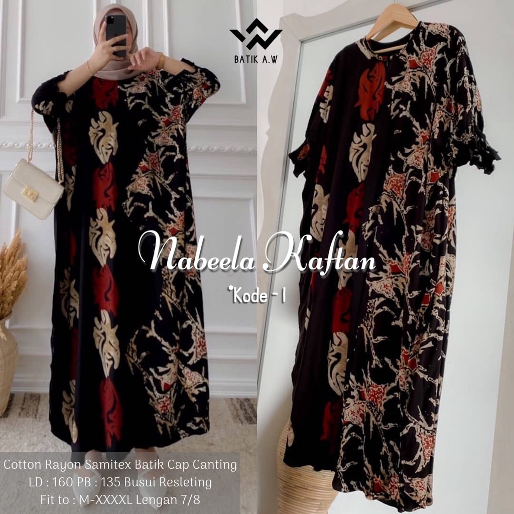 Batik A W - Nabeela Kaftan Batik Cap Canting Motif Sogan Malaman Lengan 7/8 Busui Rayon Super Kaftan Kondangan