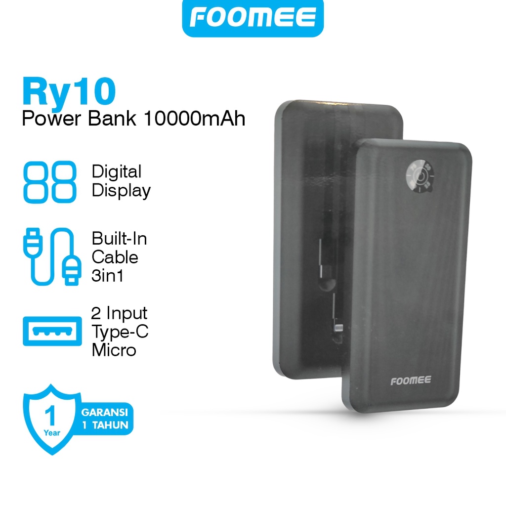 Foomee RY10 Power Bank 10000mAh 3in1 Kabel Original PB Real Kapasitas