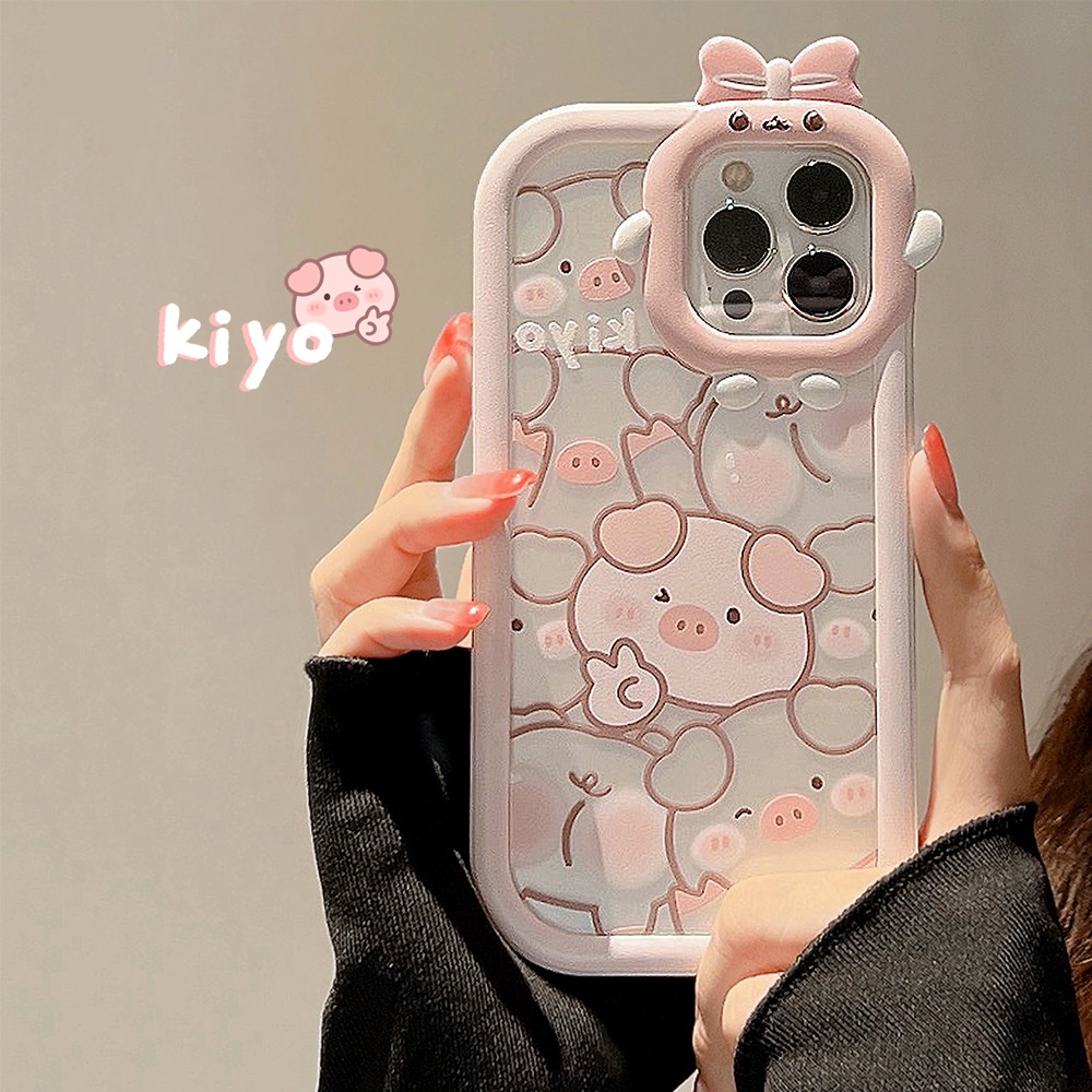 Case Pelindung 2 IN 1 Motif Kartun Babi Pink Pita Transparan Untuk Iphone 11 12 13 PRO MAX