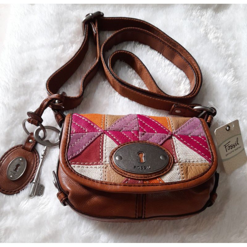 tas fossil maddox small/flap patchwork suede brown