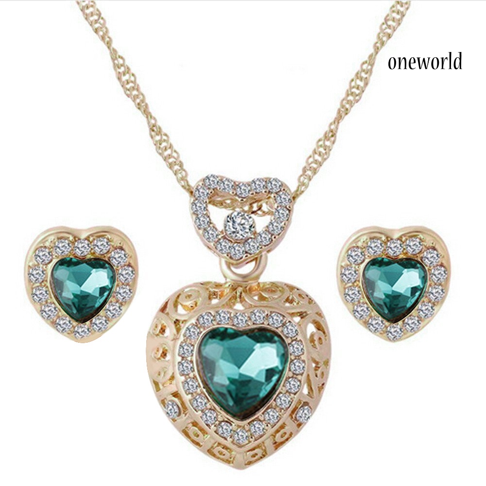 OW@ Fashion Heart Alloy Rhinestone Necklace Ear Studs Earrings Women Jewelry Set