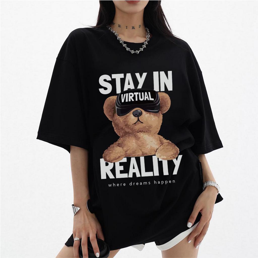 XiaoZhaiNv Kaos Atasan Wanita Stay In Reality Pattern Lengan Pendek A0924