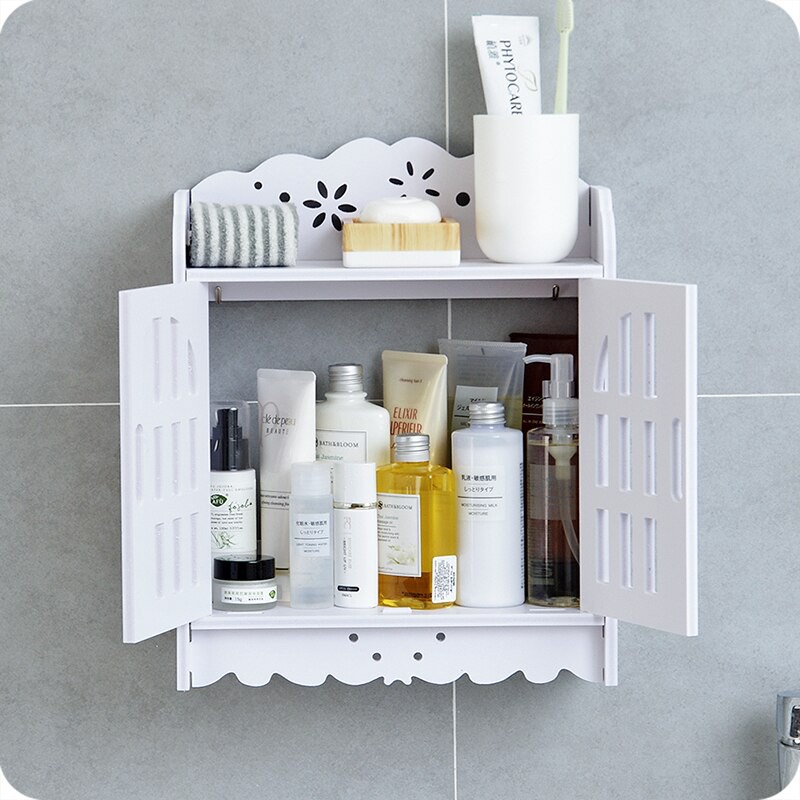 Free Punching Solid Wood Bathroom Wall Mounted Shelf Bathroom Shower Storage Cabinet Shelf Shopee Indonesia