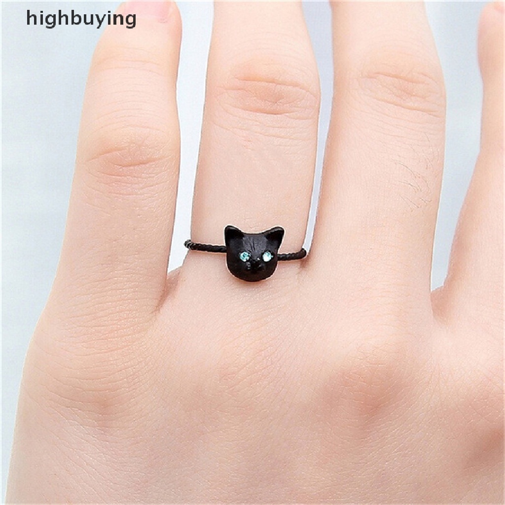 Hbid 1pc Cincin Motif Kucing Mini Lucu Warna Hitam / Emas / Silver Aksen Berlian Imitasi Untuk Wanita