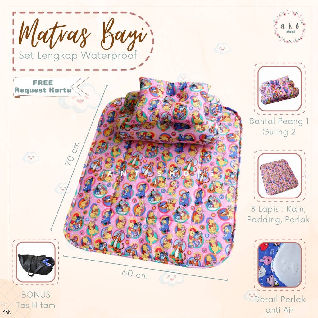 Matras Bayi Bantal Guling Motif Winnie The Pooh | Perlak Bayi Set Lengkap Anti Ompol | Kado Lahiran