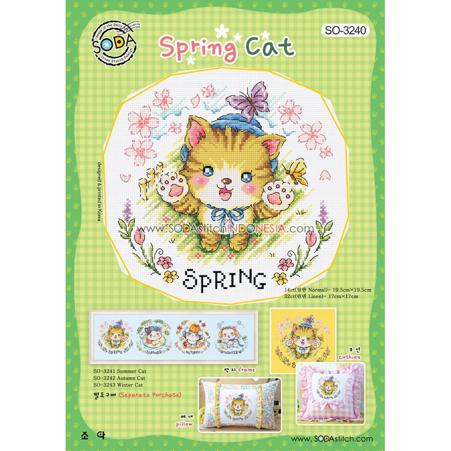 Paket DIY Craft Sulam Kristik Strimin Cross Stitch Sodastitch SO-3240 - Spring Cat Kucing Musim Semi