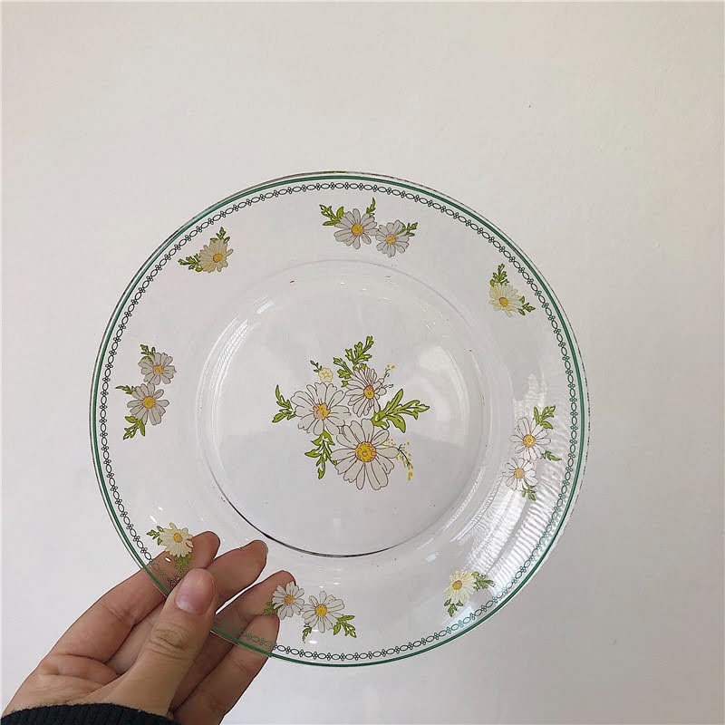 Yucca Plate / Piring Kaca Beling Korea Bunga Putih Vintage Flower Floral