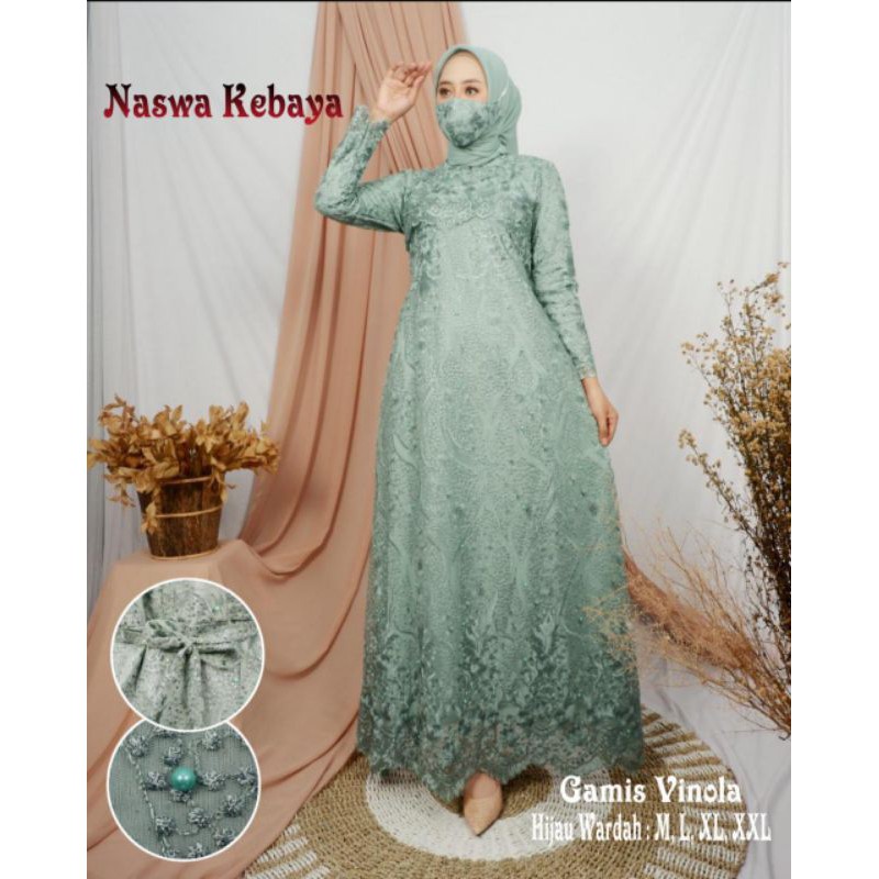 Gamis Brokat Tulle Bordir Model Naswa untuk Wanita Ukuran M hingga XXL Free Masker
