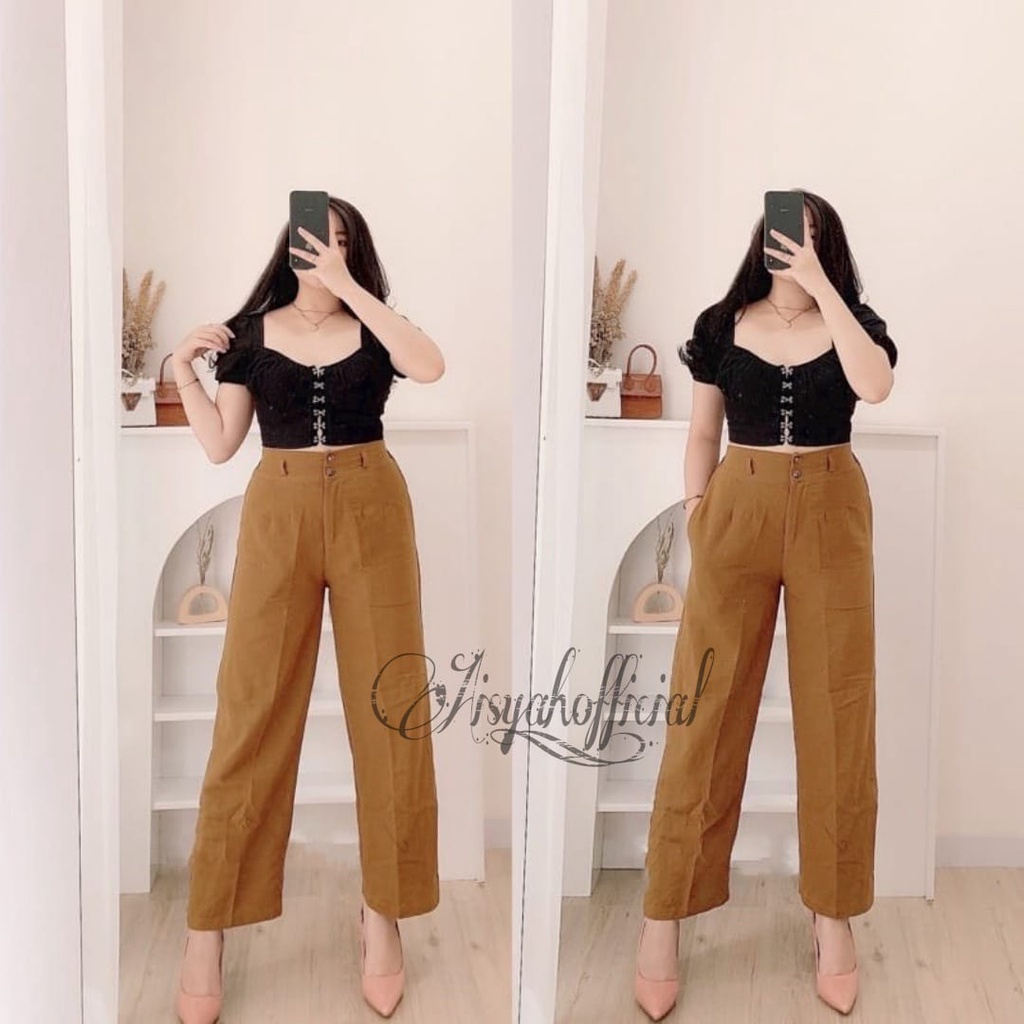 Celana Linen Highwaist Kulot Wanita Jumbo Terbaru Kancing Depan Dua Bahan Linen Adem Nyaman Enak Di 