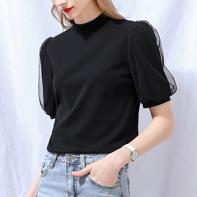 【Moon Blush】Korean Halus Lembut Solid Turtleneck Puff Sleeve Top  M027