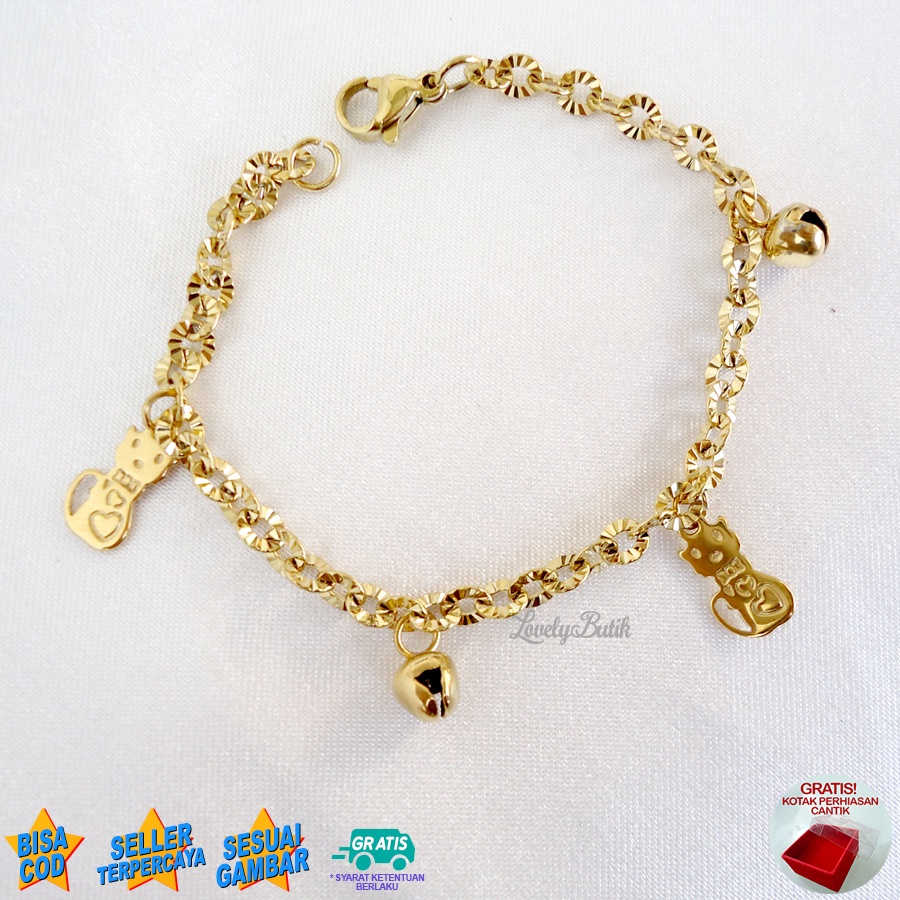 Lovelybutik Gelang Anak Perempuan Titanium Asli Anti Karat Gelang Tangan Anak Kitten Kecil Krincingan Rantai Nori Donat Ukuran 15 Cm BONUS TEMPAT PERHIASAN