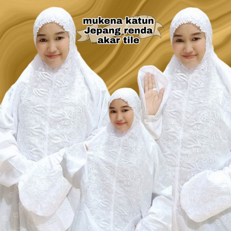 Mukena Terusan Katun Jepang Dewasa Renda Putih