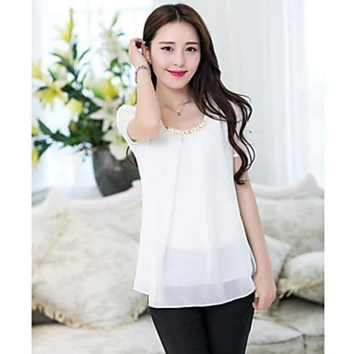Blus Model Korea Variasi Kalung - Putih, M
