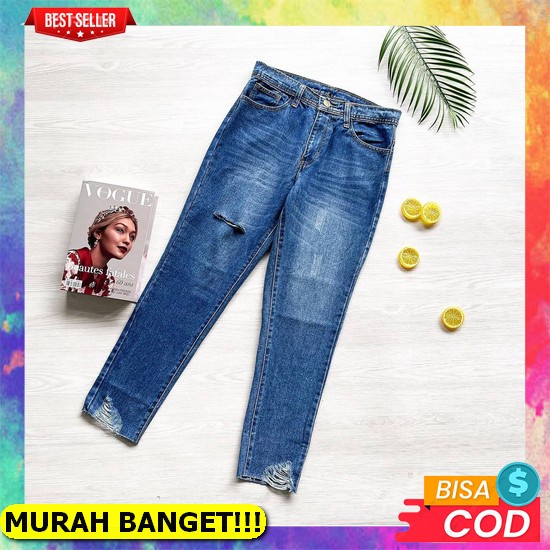 Delency Fashion - Celana Jeans Pinggang Karet Panjang Wanita Kheisya Jeans - Celana Lepis Jeans Jins