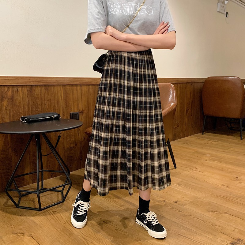 2022 musim panas Versi Korea Retro kisi garis Pinggang tinggi longgar Rok serba cocok