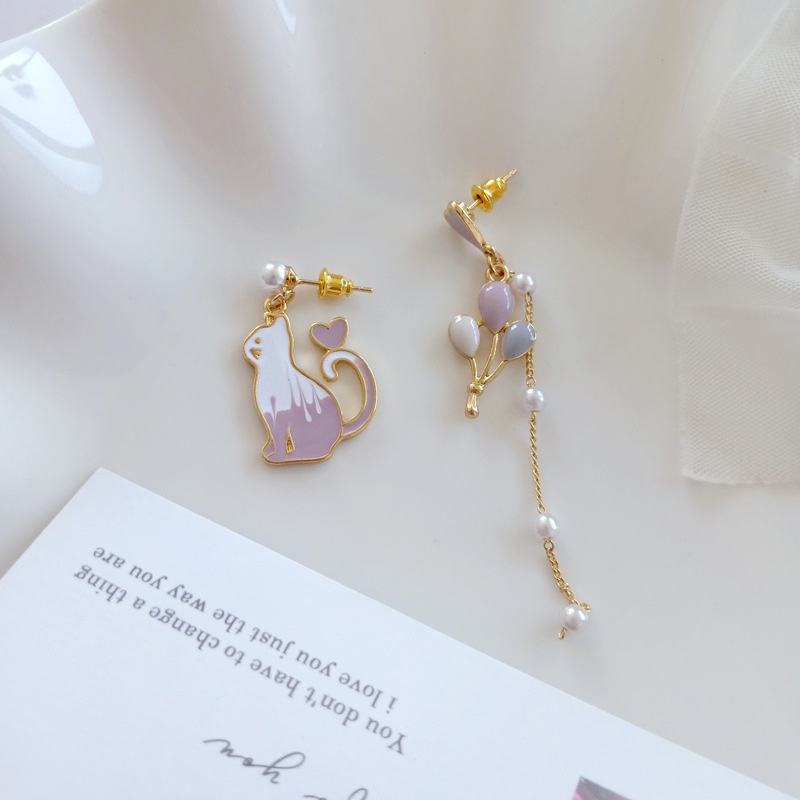 Anting Tusuk Gantung Asimetris Desain Kucing + Balon + Mutiara + Rumbai Rantai Untuk Wanita