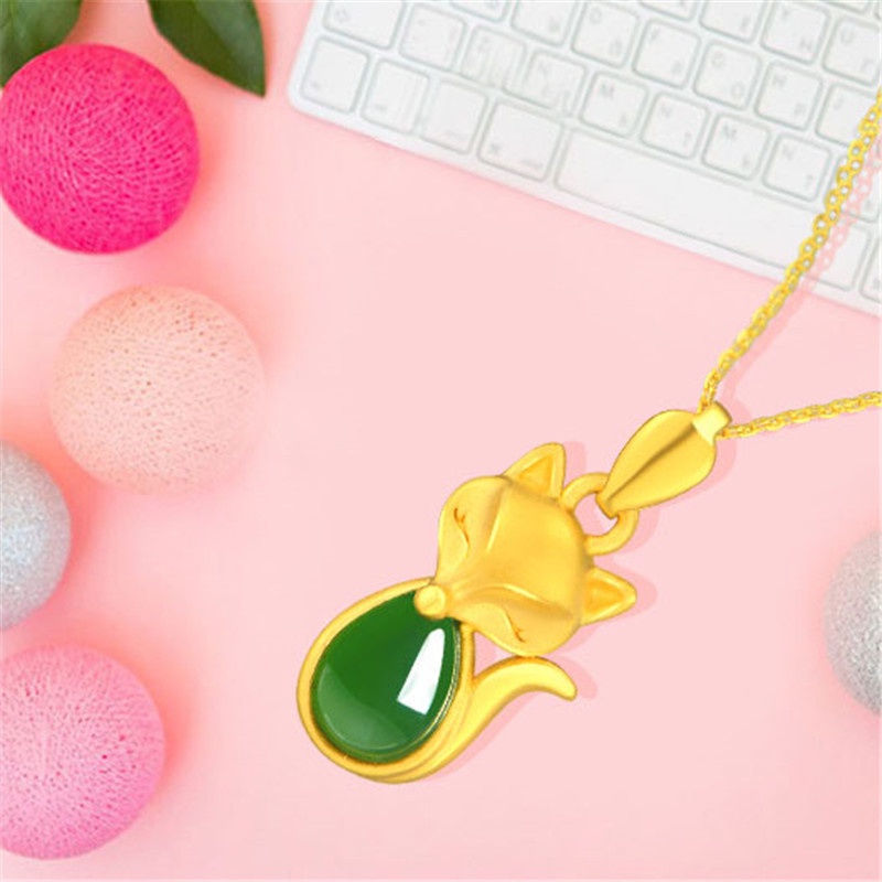 [Ready Stock]Fashion Gold Plated Emerald Fox Pendant Necklace