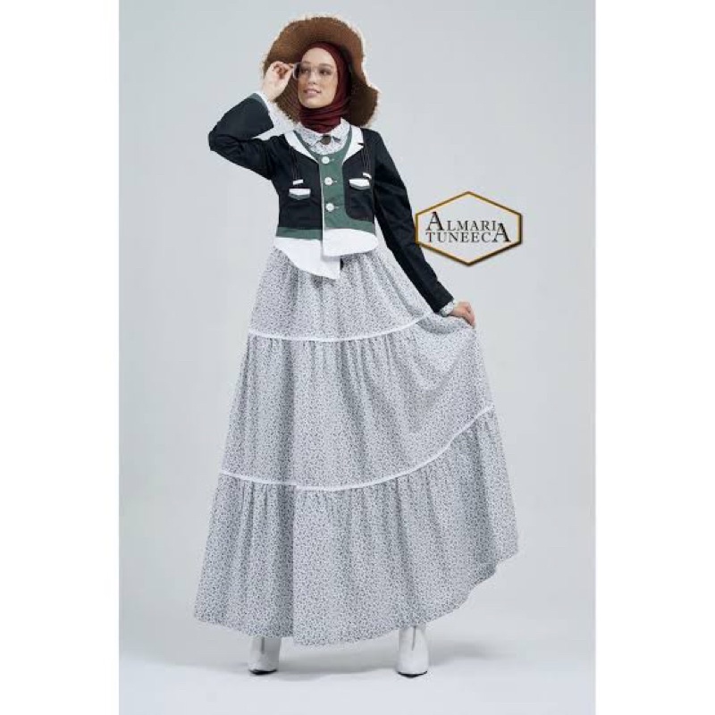 GAMIS Tuneeca Almari AT-0120006 ,Dress Hitam Putih , Baju Muslim Modern PREMIUM KEKINIAN TRENDY ORIG