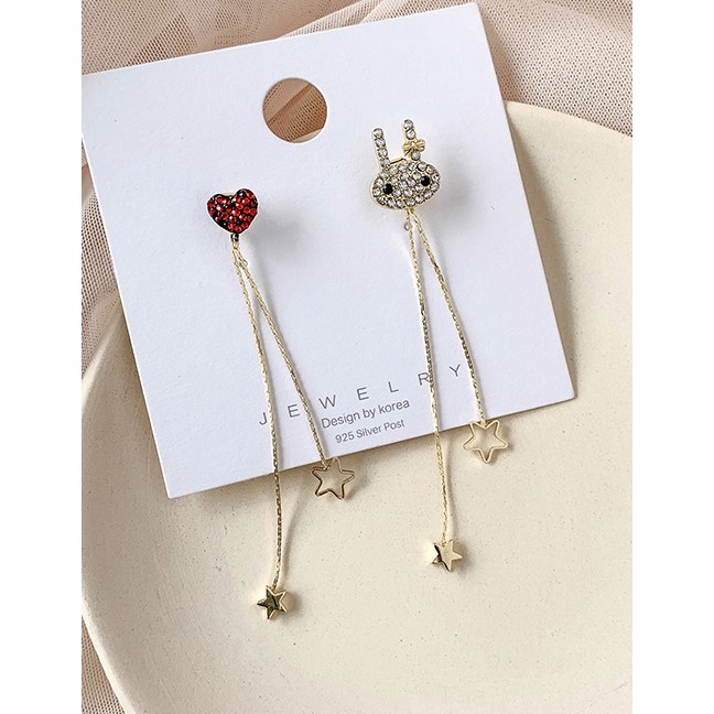 LRC Anting Tusuk Fashion Golden Rhinestone Love Rabbit Little Star Tassel Earrings D94693