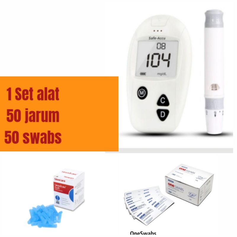 Alat Cek Gula Darah Sinocare Safe Accu (alat + 25 jarum + 25 alcohol swabs) tanpa strip bukan untuk strip easy touch nesco elvasence, Dr Gluco, Autocheck