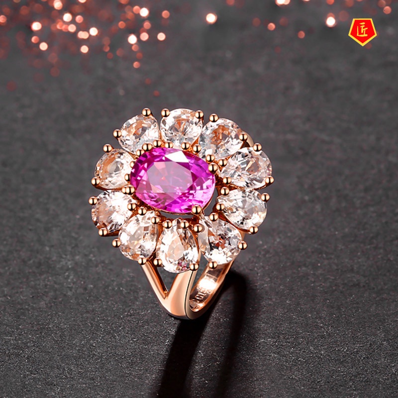 [Ready Stock]Luxury Elegant Colored Gems Pink Crystal Ring