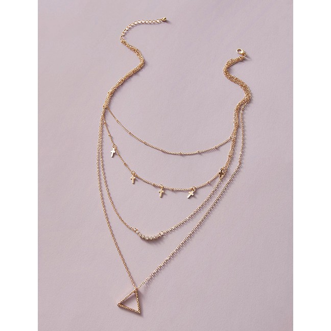 LRC Kalung Fashion Gold Color Triangle Alloy Cross Multilayer Necklace P14794