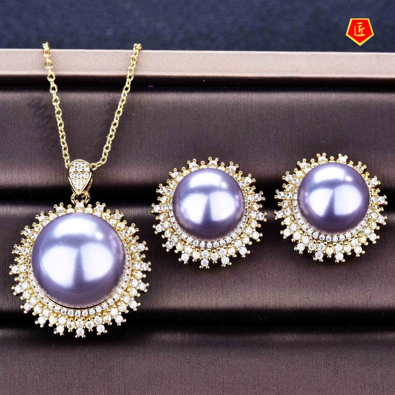 [Ready Stock]Luxury Jewelry Freshwater Pearl Necklace Set Ear Stud and Ring