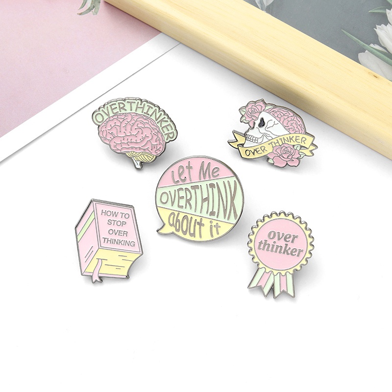 Bros Pin Enamel Desain Kartun Overthinker Brain Skull Book Untuk Hadiah Teman