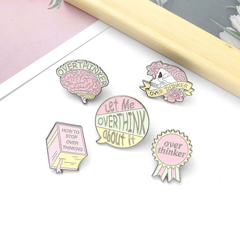 Bros Pin Enamel Desain Kartun Overthinker Brain Skull Book Untuk Hadiah Teman