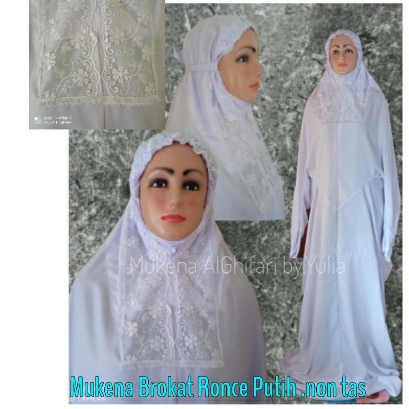 mukena terusan. brokat ronce putih. katun mikro