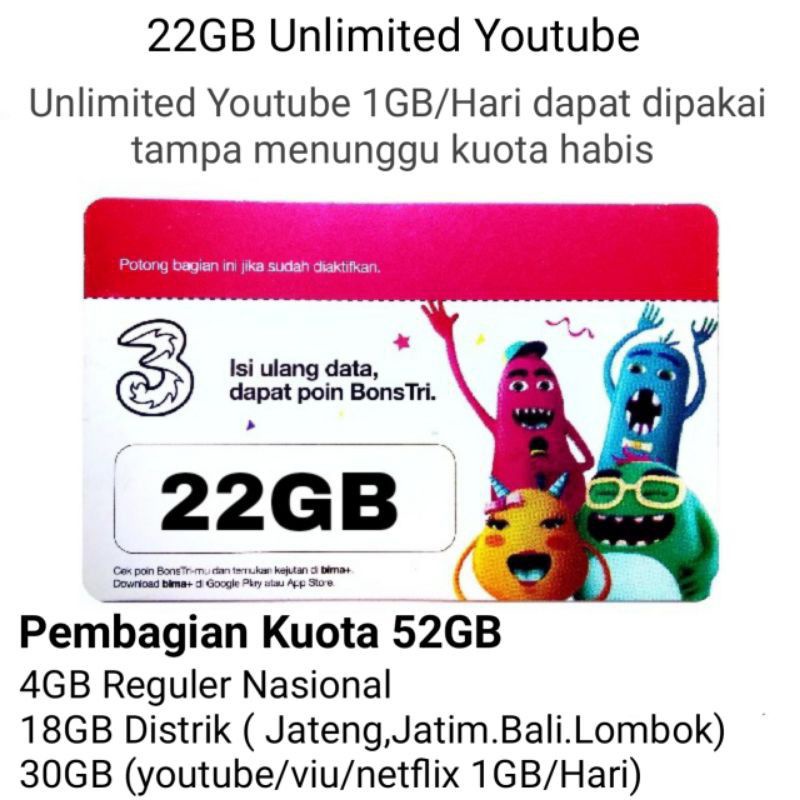 Voucher Tri Happy VPM4 52GB Unlimited Youtube