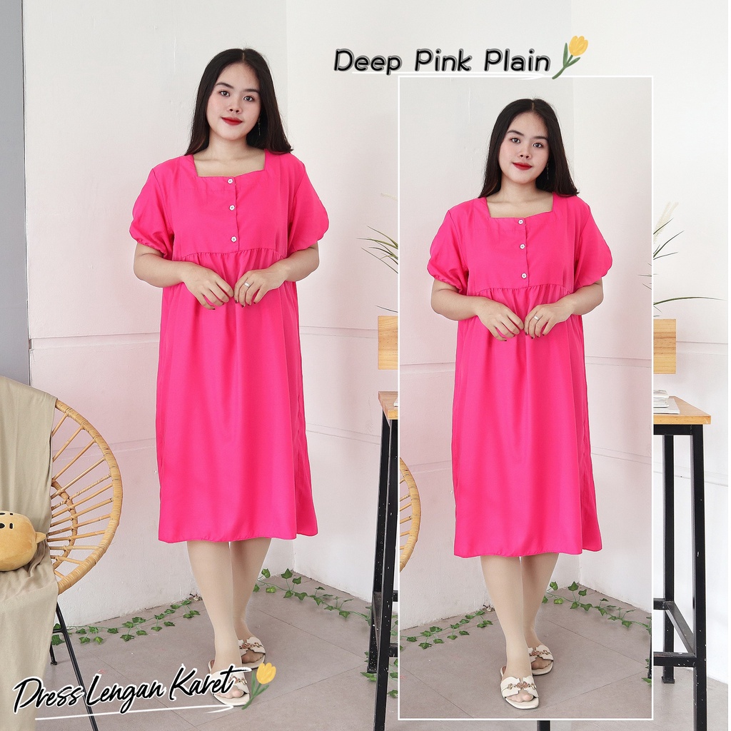 IZANY  Daster Dewasa Lengan Karet / Dress Wanita Lengan Karet Polos Plain-DEEP PINK PLAIN