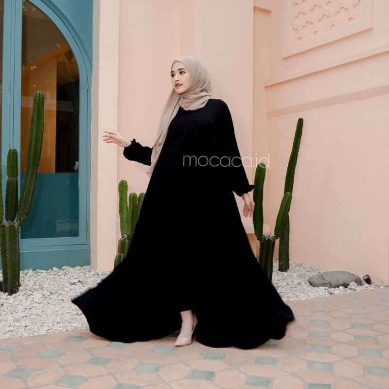 dress premium 7 susun hitam pekat busui sleting belakang bisa untuk prewed pre wedding lengan wudhu friendly flare flowy adem super lebar