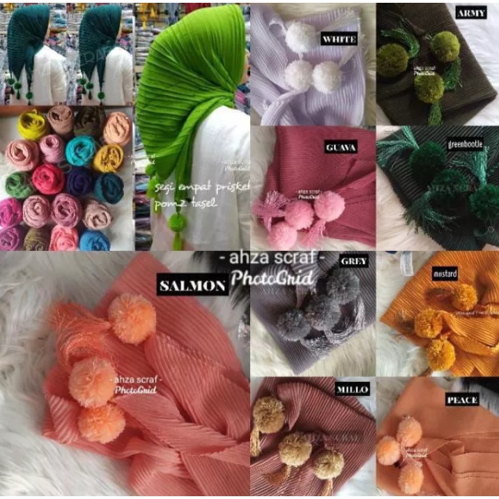 Kerudung Segi Empat Model Plisket Pom Pom // Segi Empat Plisket // Hijab Segi Empat