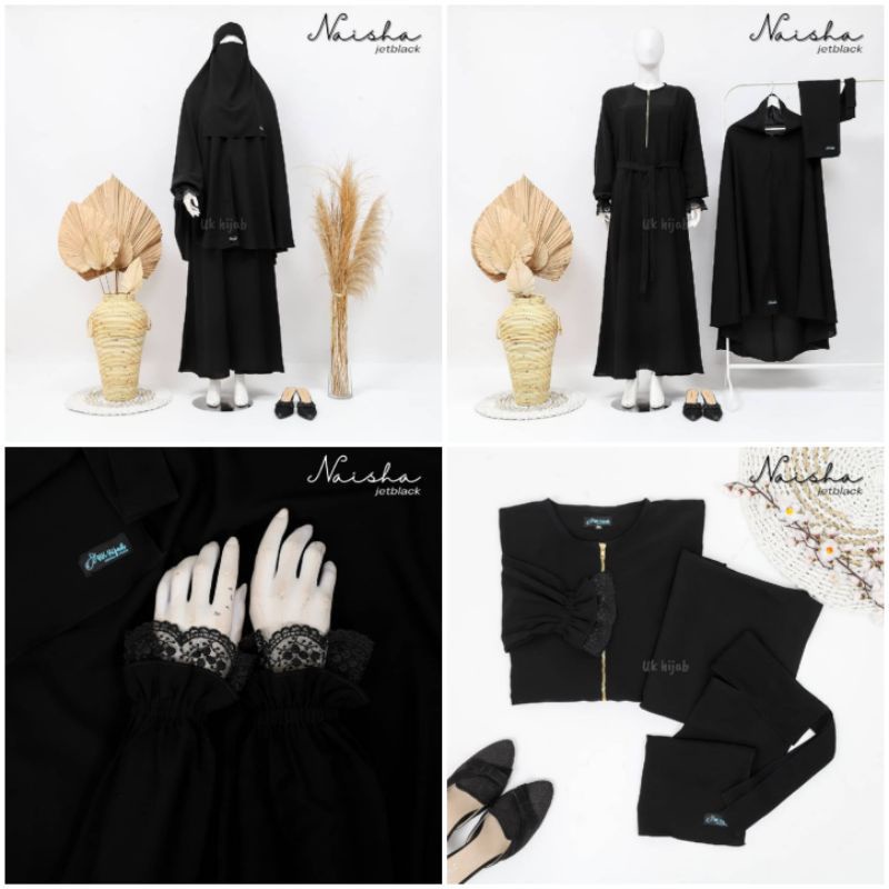 Set gamis Abaya naisha  jetblack syari free cadar bandana