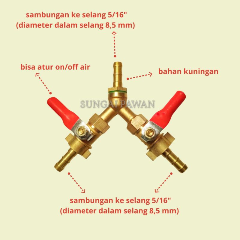 Sambungan penyambung sambung connector konektor cabang tiga Y selang angin air 5/16 inchi valve kran