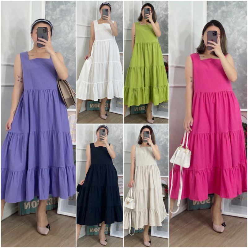 ⚡️ SALE ⚡️ PREMIUM ♡ ORIGINAL ! LIVIANNE VINTAGE LESS SLEEVE TRAP LAYER FLARE MIDI DRESS OVERALL OUTER ( BUMIL &amp; HIJAB FRIENDLY )