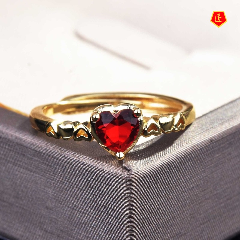 [Ready Stock]Love Heart-Shaped Red Diamond Ring 18K Gold Ins Style Simple