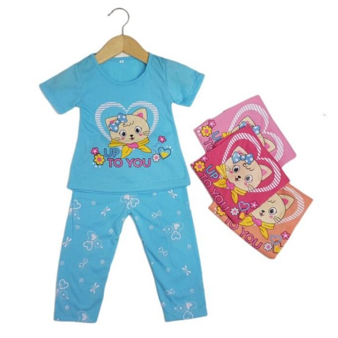 SETELAN SIKUNING PAKAIAN BAJU ANAK PEREMPUAN 2-7 TAHUN MOTIF CAT TO YOU LENGAN PENDEK CELANA PANJANG