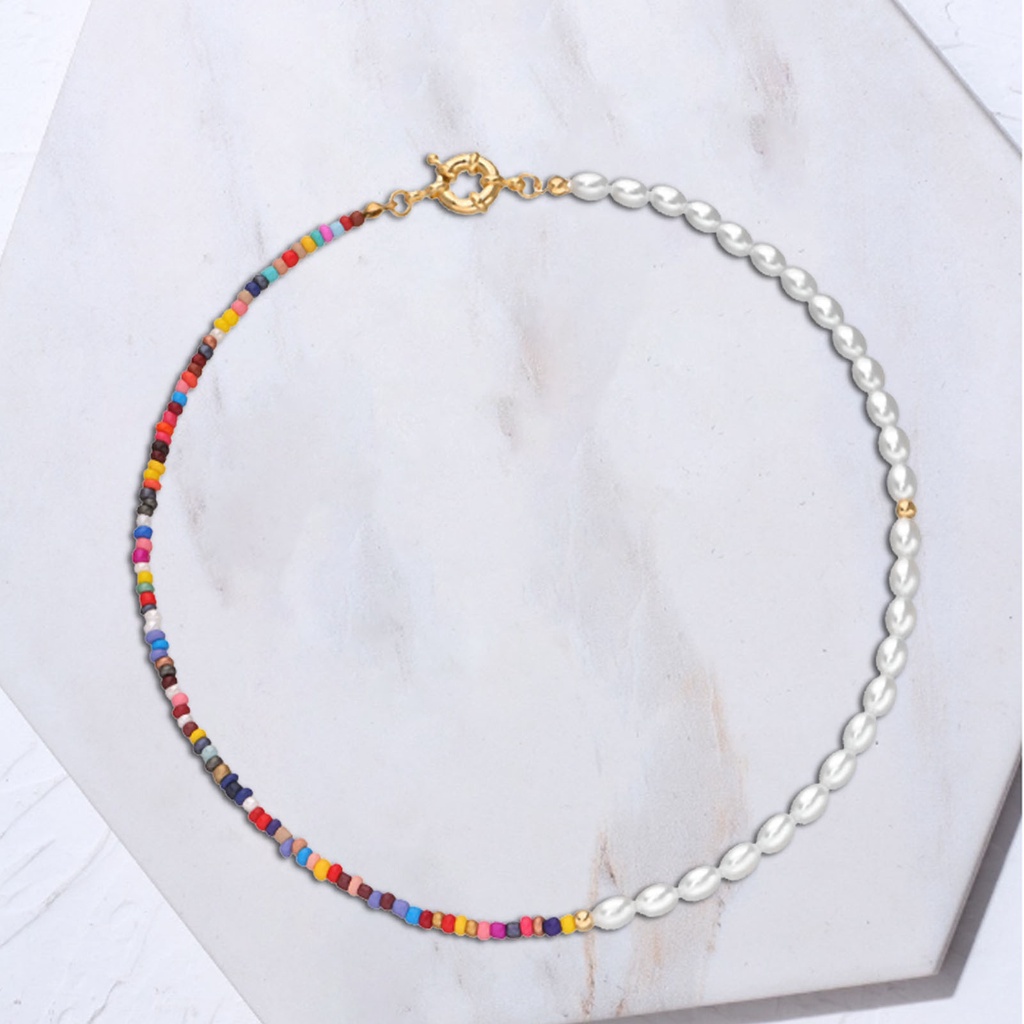 Hu Hu Hu Hu Hu Alat Bantu Pasang Kacamata♡ Kalung Choker Manik-Manik Mutiara Imitasi Handmade Warna-Warni Gaya Bohemian Untuk Wanita