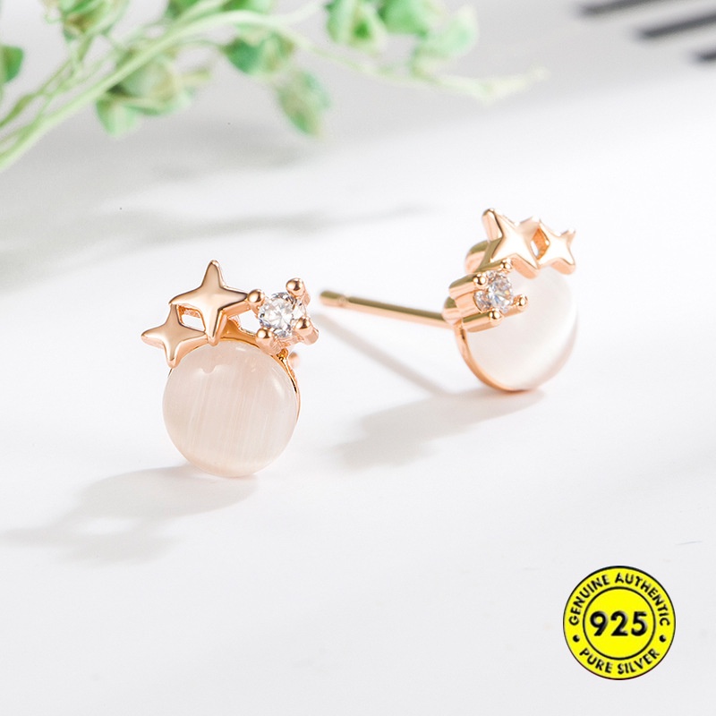 Anting Tusuk Gantung Sterling Silver Desain Bintang Hias Opal Anti Air Untuk Wanita