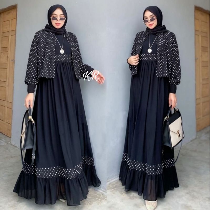 SET ROK HAWWA POLKA 2IN1, MOSCREPE KATUN, GAMIS HIJAB MUSLIM, MAXY DRESS