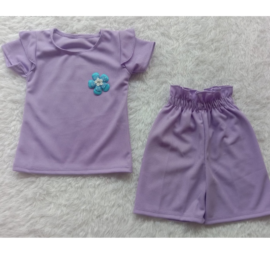 Setelan Anak Perempuan Knit Mango Waffle Ruffle Lengan pendek Setelan Kulot anak cewek knit 1-5 th babyrib-LILAC