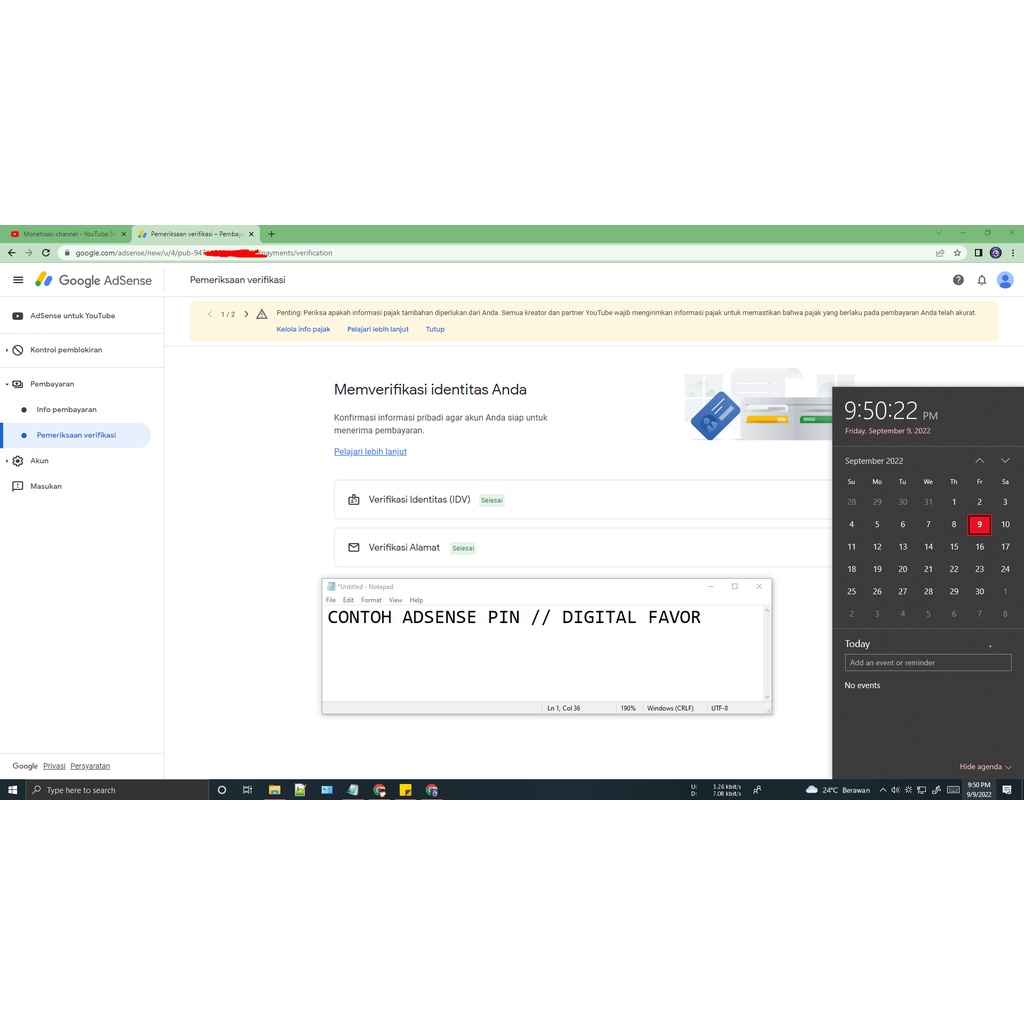 ADSENSE PIN UNTUK YOUTUBE
