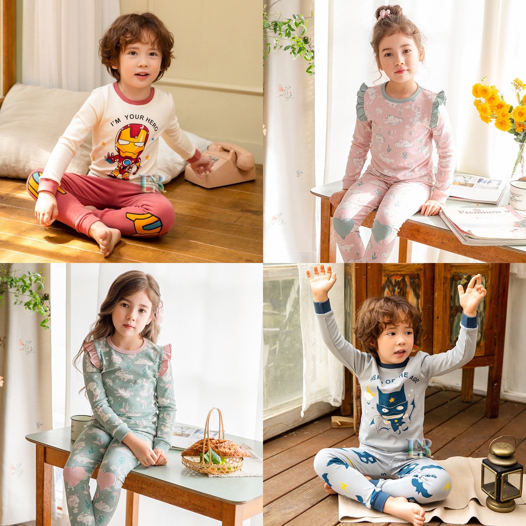 Girls and Boy Pajamas 95% Katun Halus Lembut Tebal Baju Tidur Anak Perempuan dan Anak Laki Laki 1 Set Lengan dan Celana Panjang Motif Bunga Hewan Kelinci Domba Rusa Putri Alice Ironman Roar Robot Motion Batman Bear HYTS